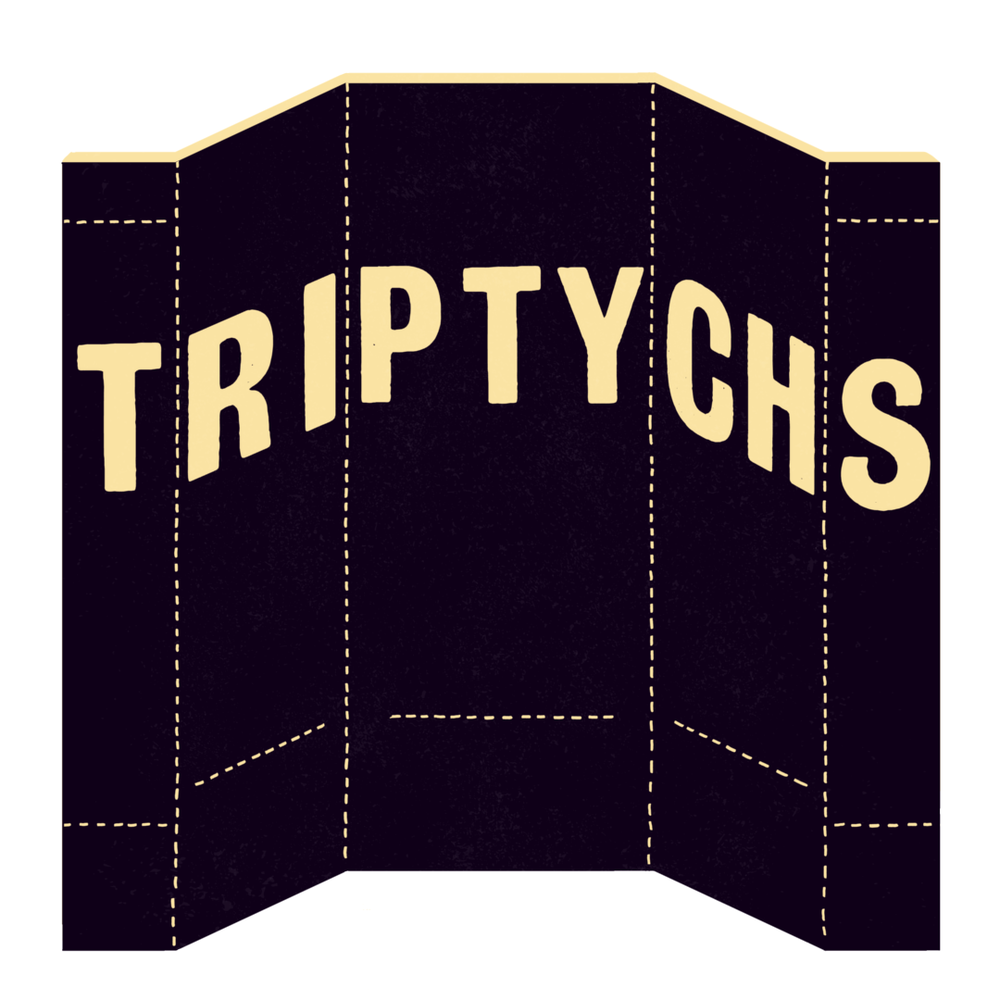 Illustration of a three panel surface with the word tryptics