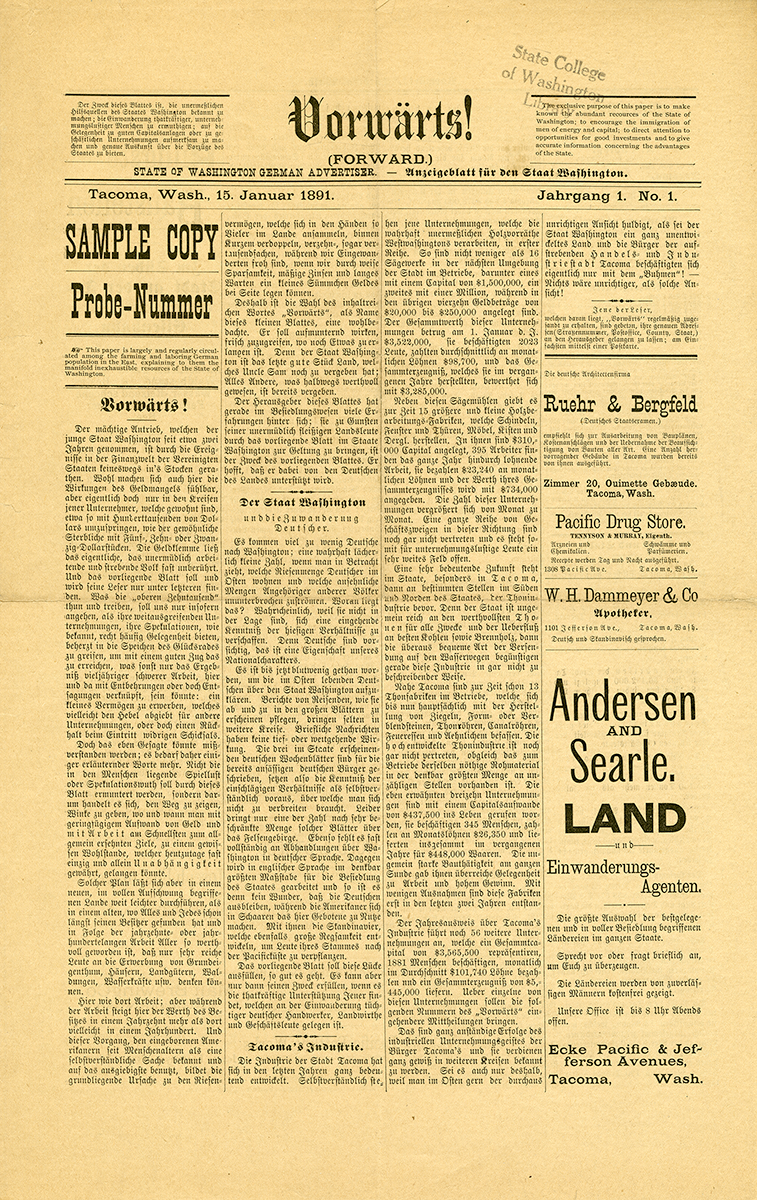 · Vorwärtz! (Forward!), German language newspaper, 1891/01/15